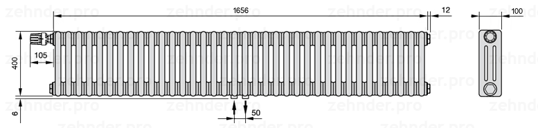 Схема (чертеж) Радиатор Zehnder Charleston 3040/36 №V007 Белый глянцевый RAL 9016